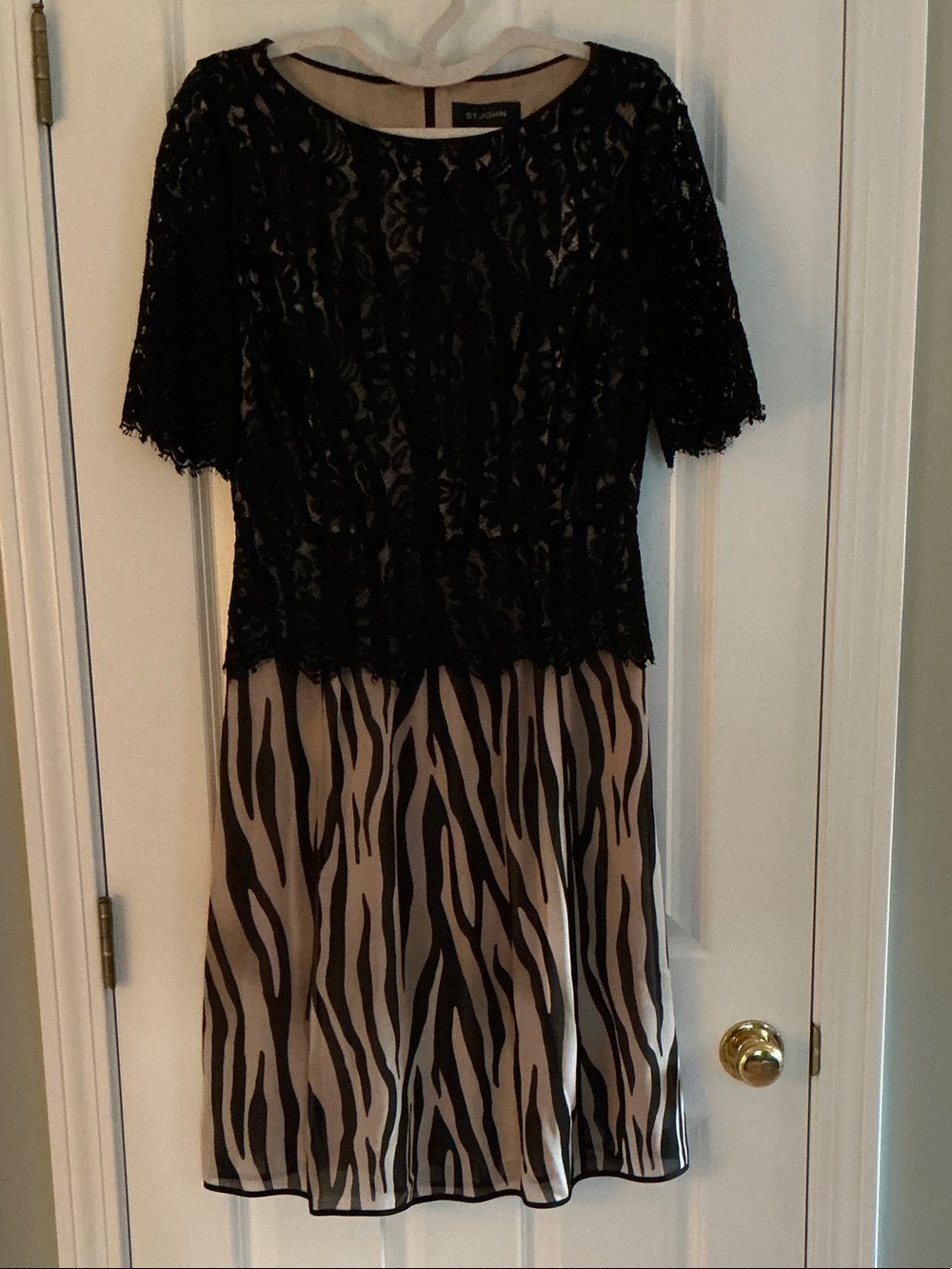 St. John Lace Top over Taupe Zebra-Print Silk Dress
